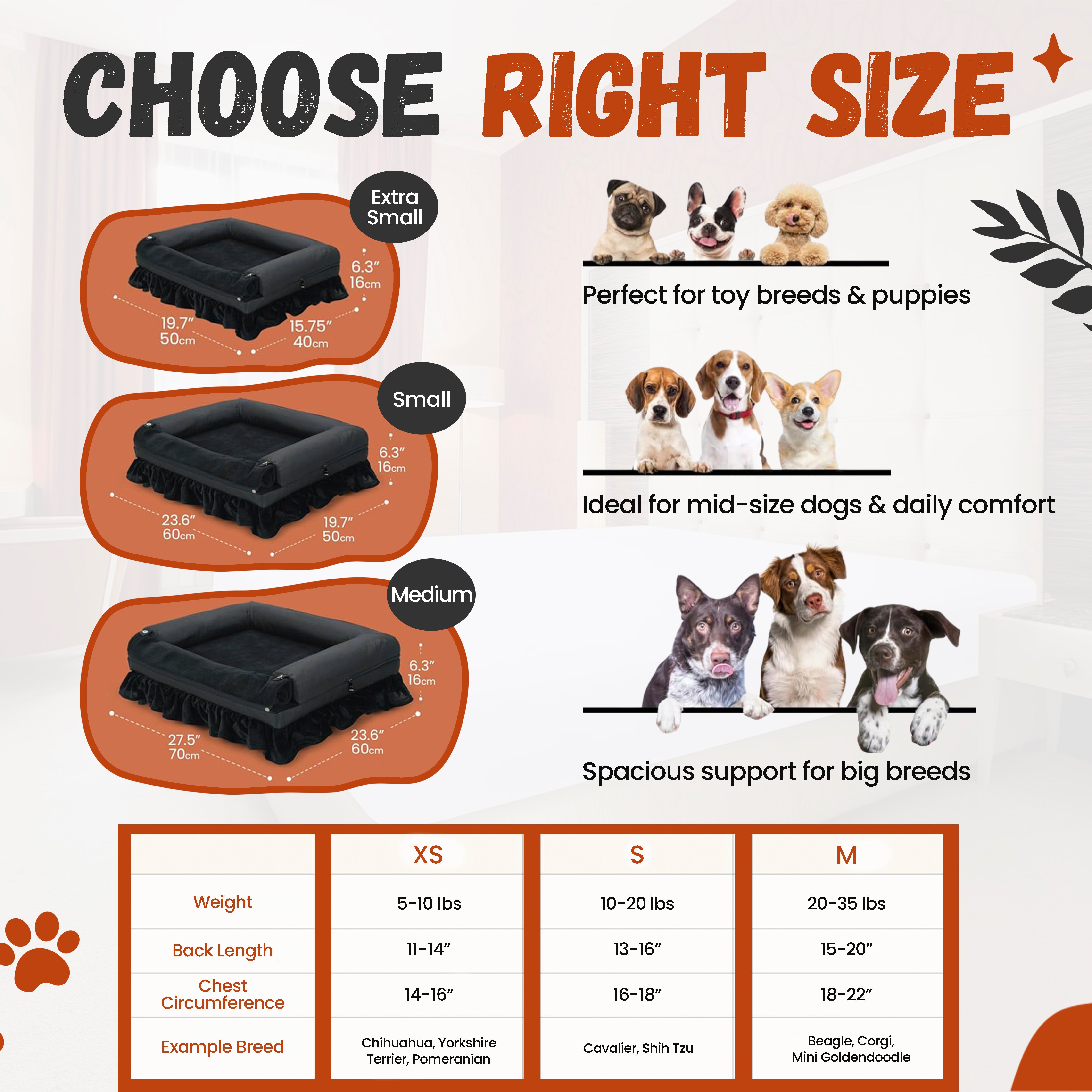 Dog bed size chart with illustrations of dogs and measurements
